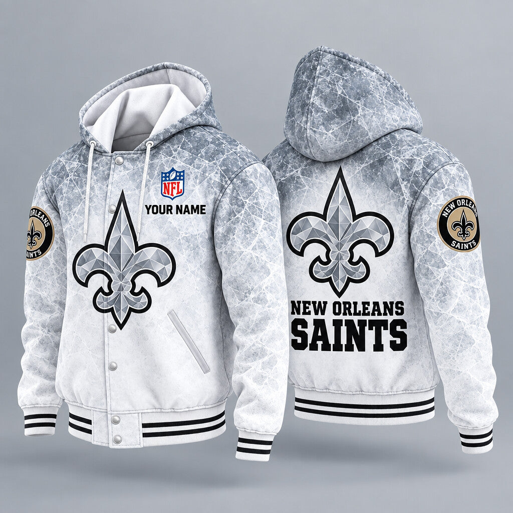 New Orleans Saints Ice Hooded Letterman Jacket Custom Name P4engs