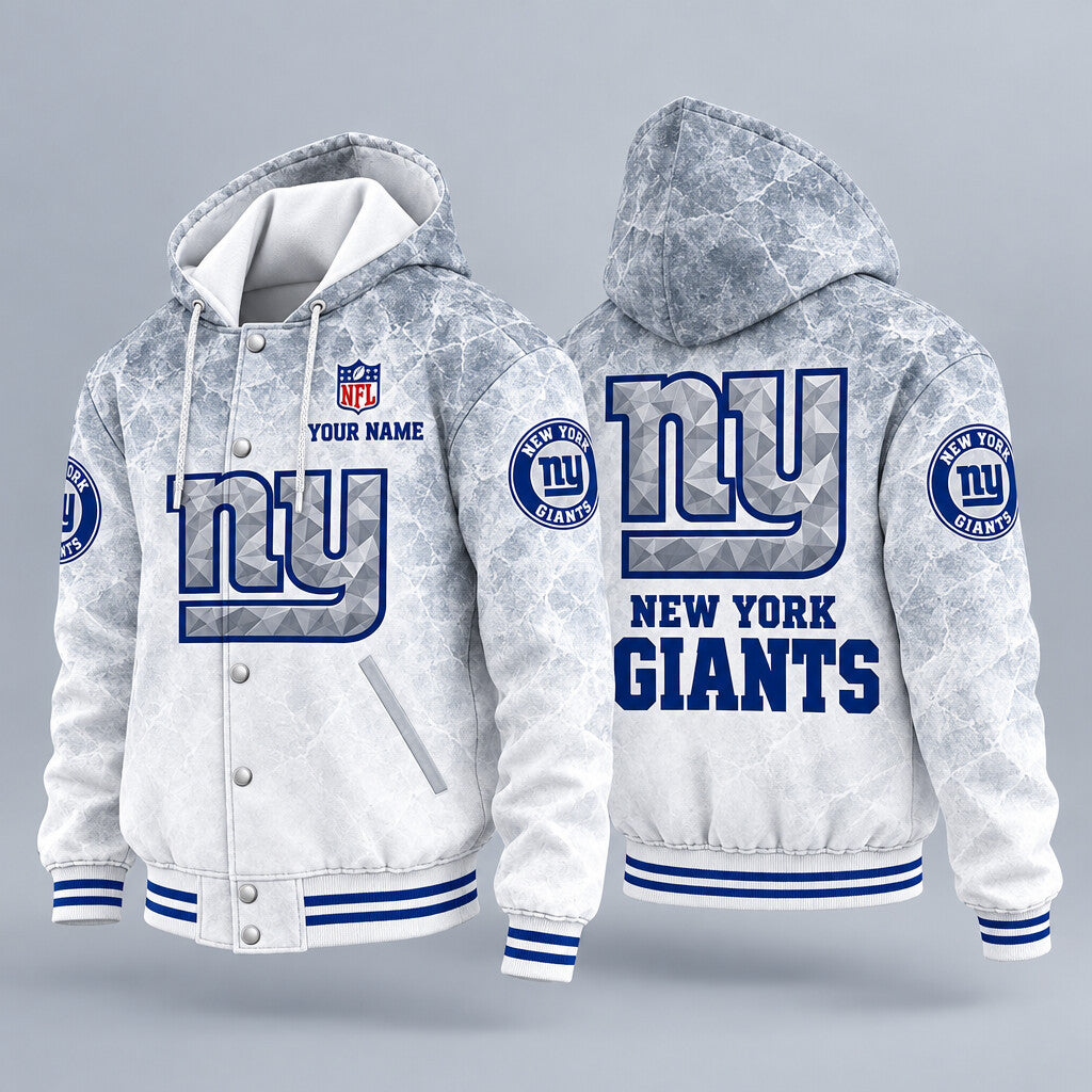 New York Giants Ice Hooded Letterman Jacket Custom Name Pfnmcm