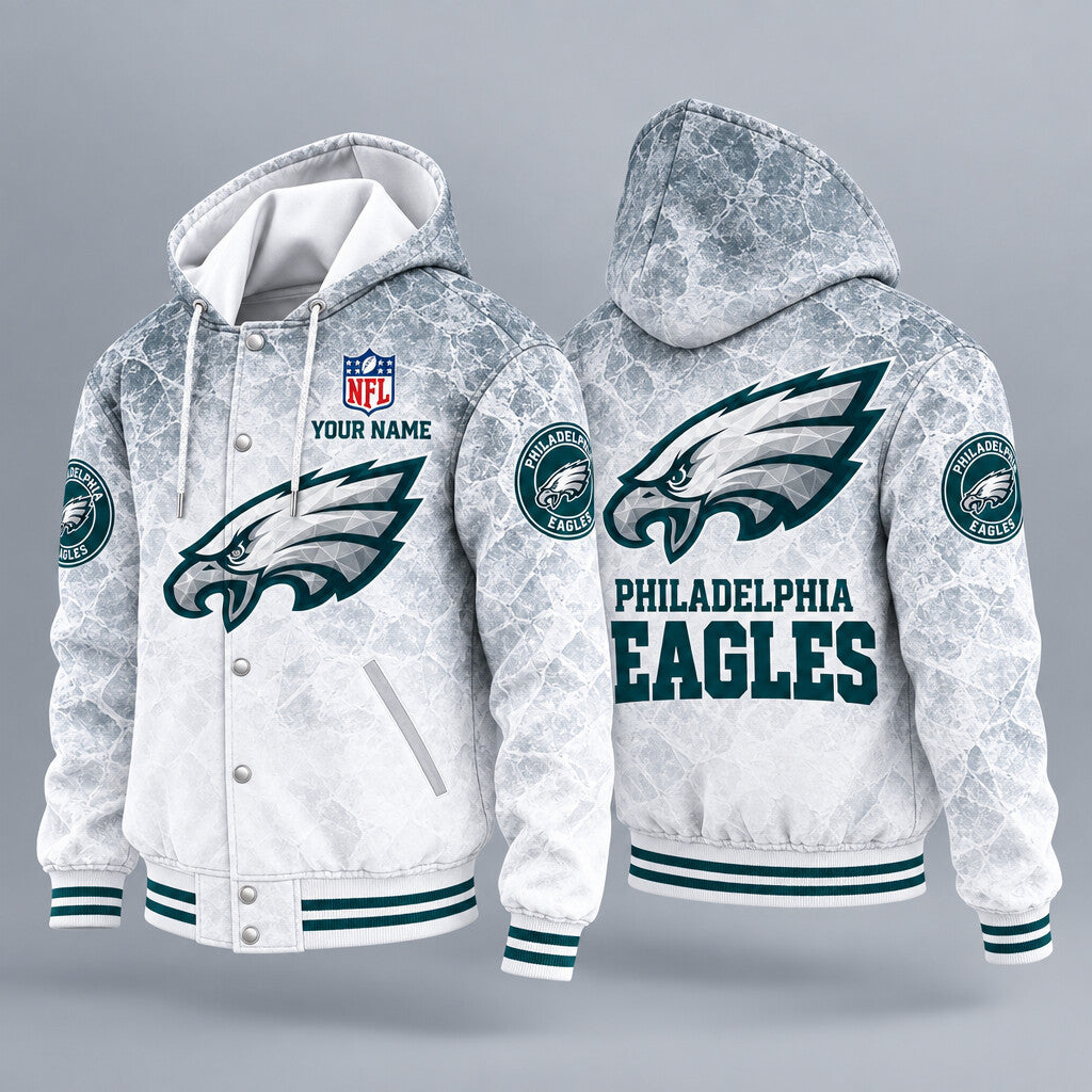 Philadelphia Eagles Ice Hooded Letterman Jacket Custom Name Pwg775