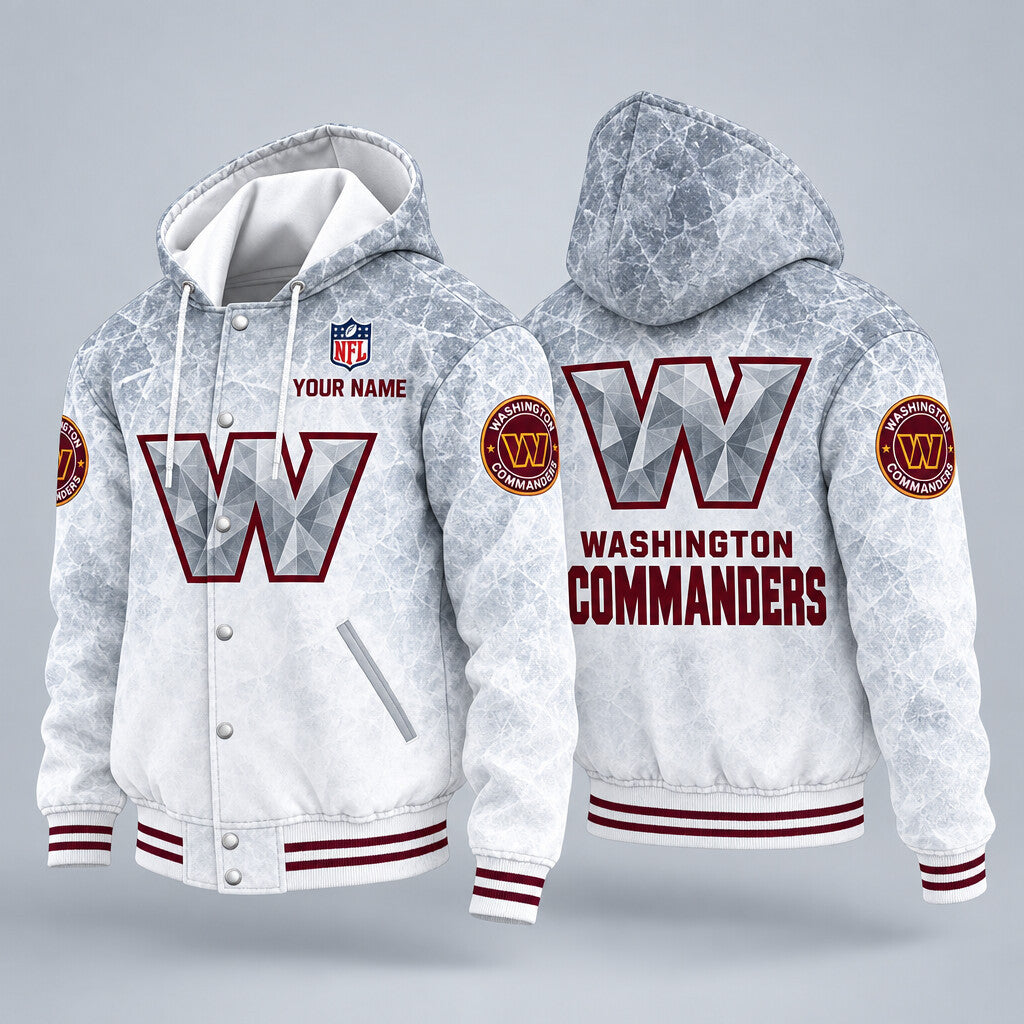 Washington Commanders Ice Hooded Letterman Jacket Custom Name Pju2kr
