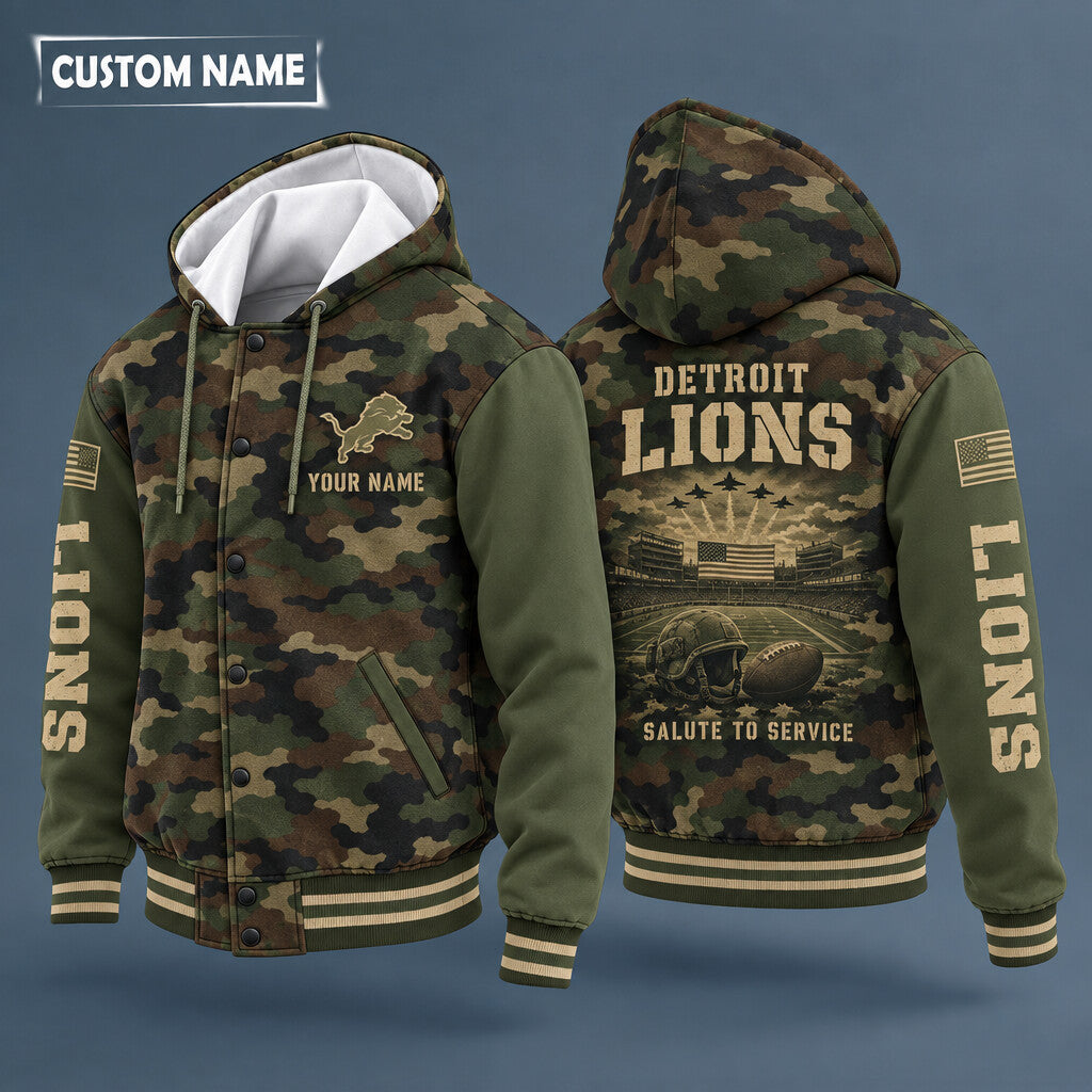 Detroit Lions Salute To Service Hooded Letterman Jacket Custom Name Pdpk1e
