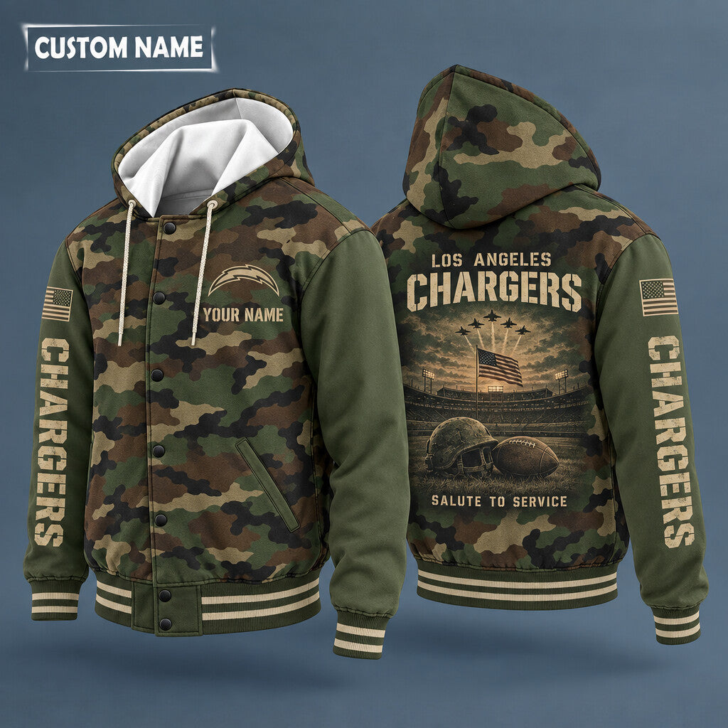 Los Angeles Chargers Salute To Service Hooded Letterman Jacket Custom