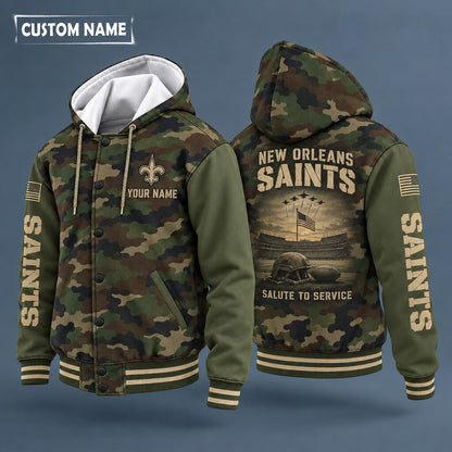 New Orleans Saints Salute To Service Hooded Letterman Jacket Custom Na