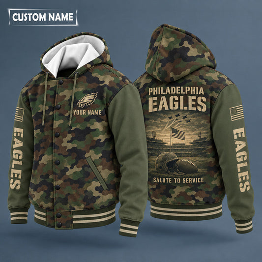 Philadelphia Eagles Salute To Service Hooded Letterman Jacket Custom N