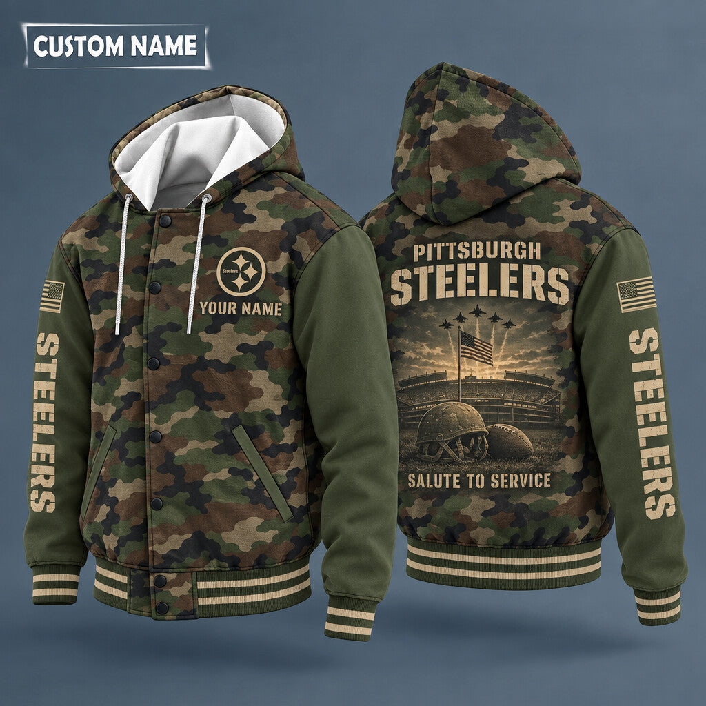 Pittsburgh Steelers Salute To Service Hooded Letterman Jacket Custom N