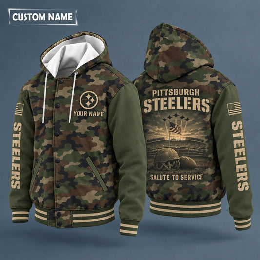 Pittsburgh Steelers Salute To Service Hooded Letterman Jacket Custom N