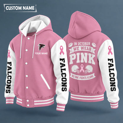 Atlanta Falcons Pink October No One Fights Alone Hooded Letterman Jacket Custom Name Pvertt