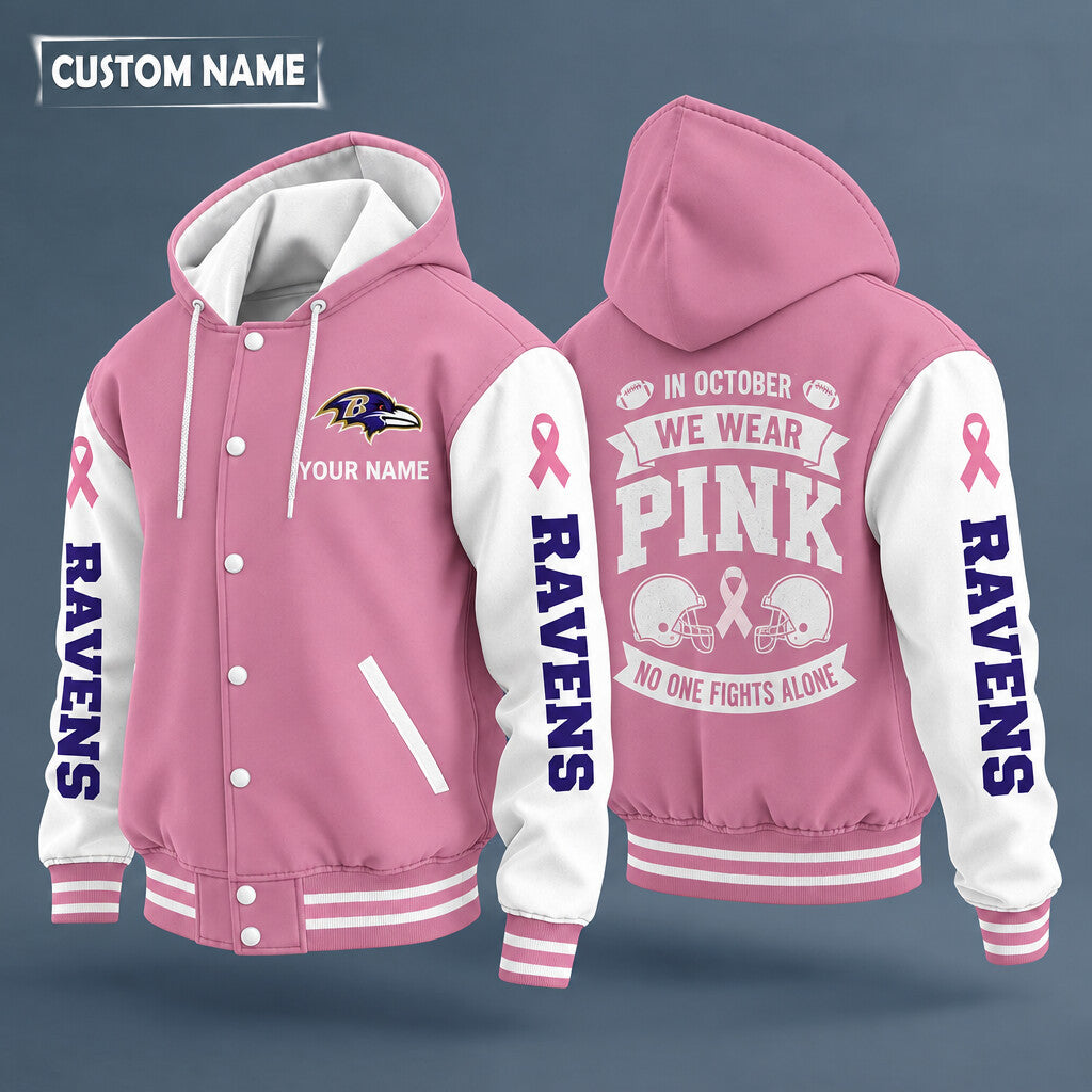 Baltimore Ravens Pink October No One Fights Alone Hooded Letterman Jacket Custom Name Poo3f6