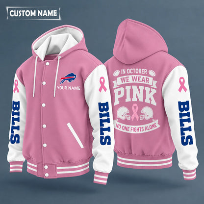 Buffalo Bills Pink October No One Fights Alone Hooded Letterman Jacket Custom Name P4ebpa