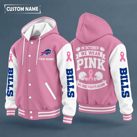 Buffalo Bills Pink October No One Fights Alone Hooded Letterman Jacket Custom Name P4ebpa