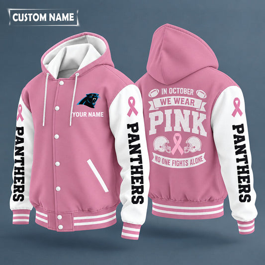 Carolina Panthers Pink October No One Fights Alone Hooded Letterman Jacket Custom Name P3o2na