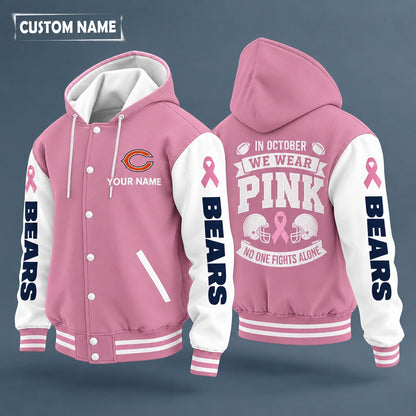 Chicago Bears Pink October No One Fights Alone Hooded Letterman Jacket Custom Name P0onns