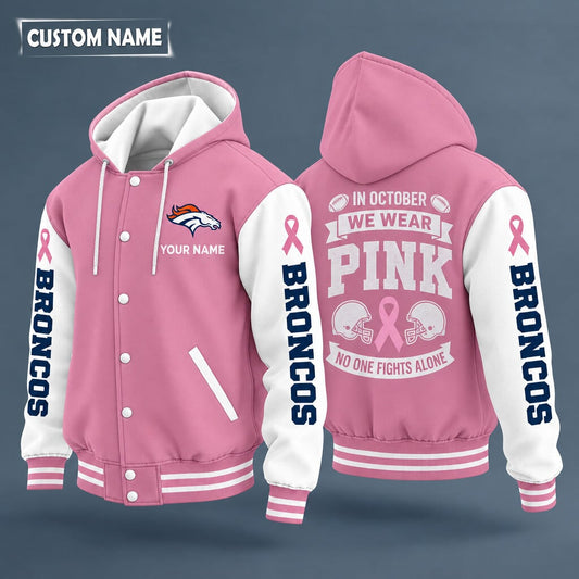 Denver Broncos Pink October No One Fights Alone Hooded Letterman Jacket Custom Name Pnp3h4