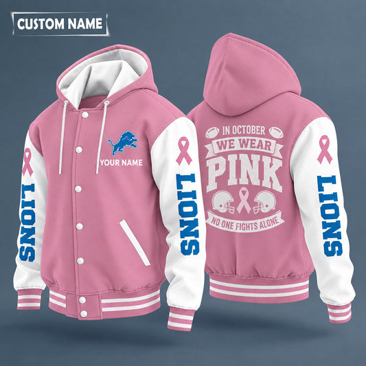 Detroit Lions Pink October No One Fights Alone Hooded Letterman Jacket Custom Name Phrfej