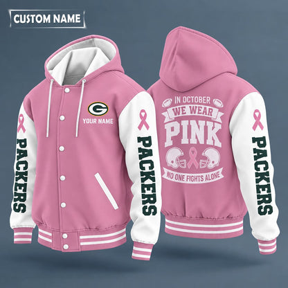 Green Bay Packers Pink October No One Fights Alone Hooded Letterman Jacket Custom Name Psl4ud