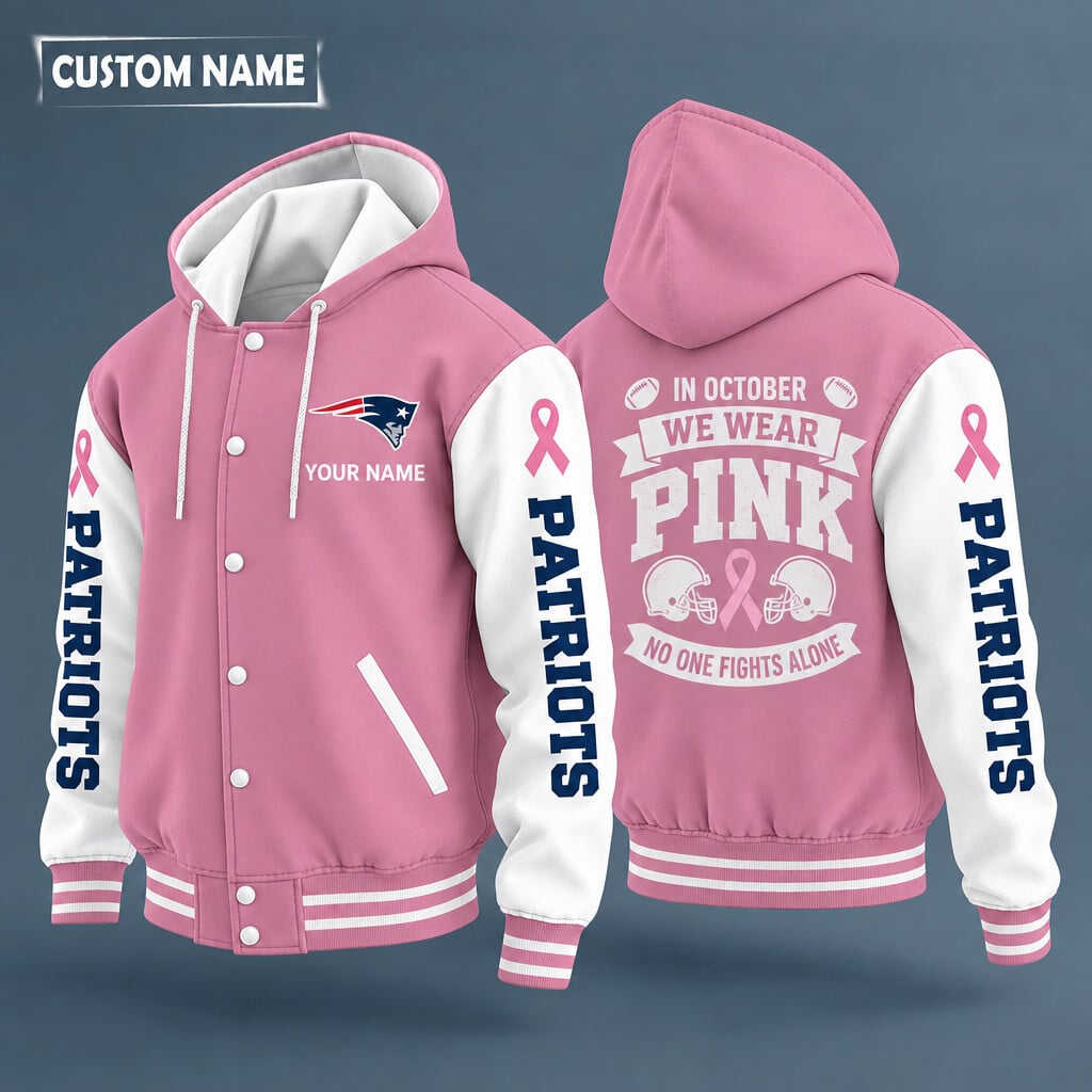 New England Patriots Pink October No One Fights Alone Hooded Letterman
