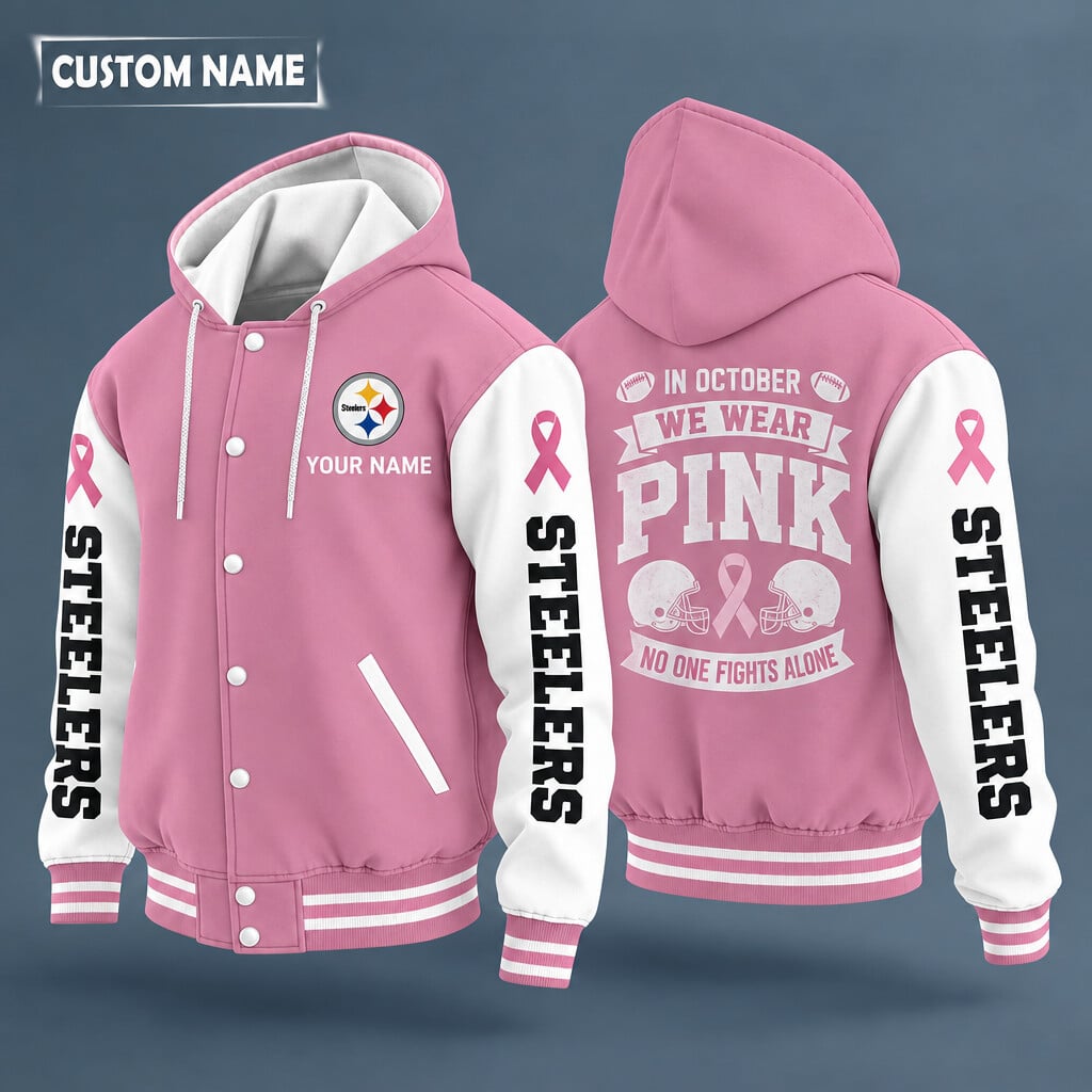 Pittsburgh Steelers Pink October No One Fights Alone Hooded Letterman