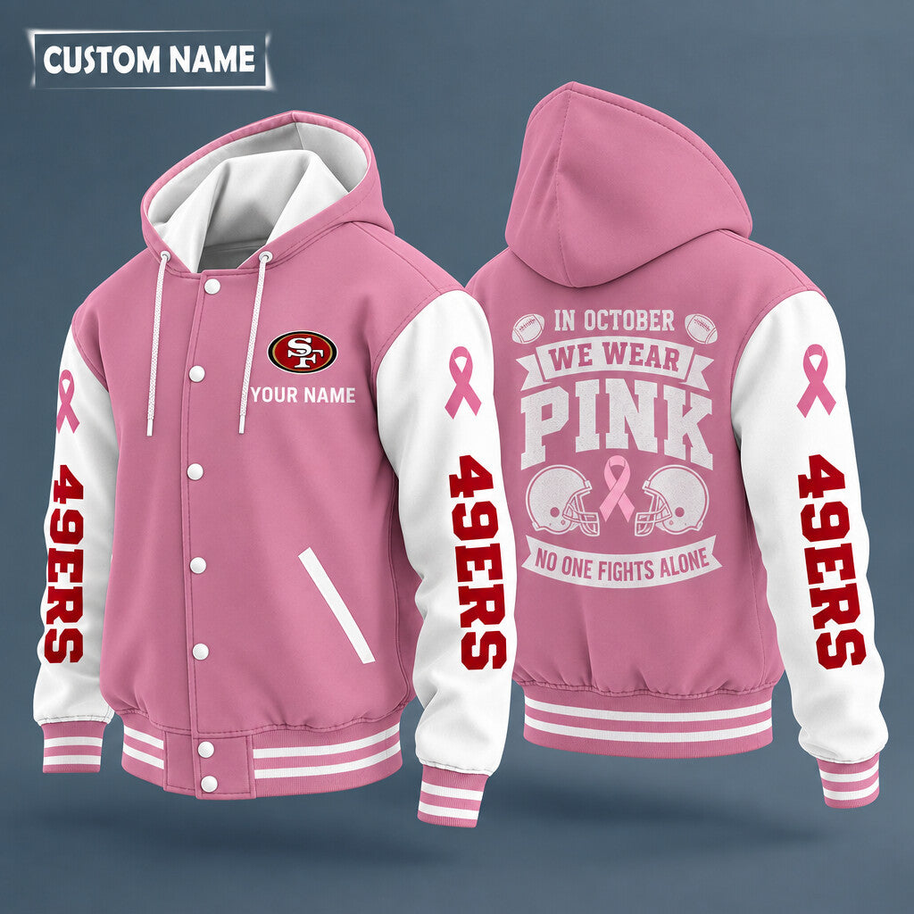 San Francisco 49ers Pink October No One Fights Alone Hooded Letterman