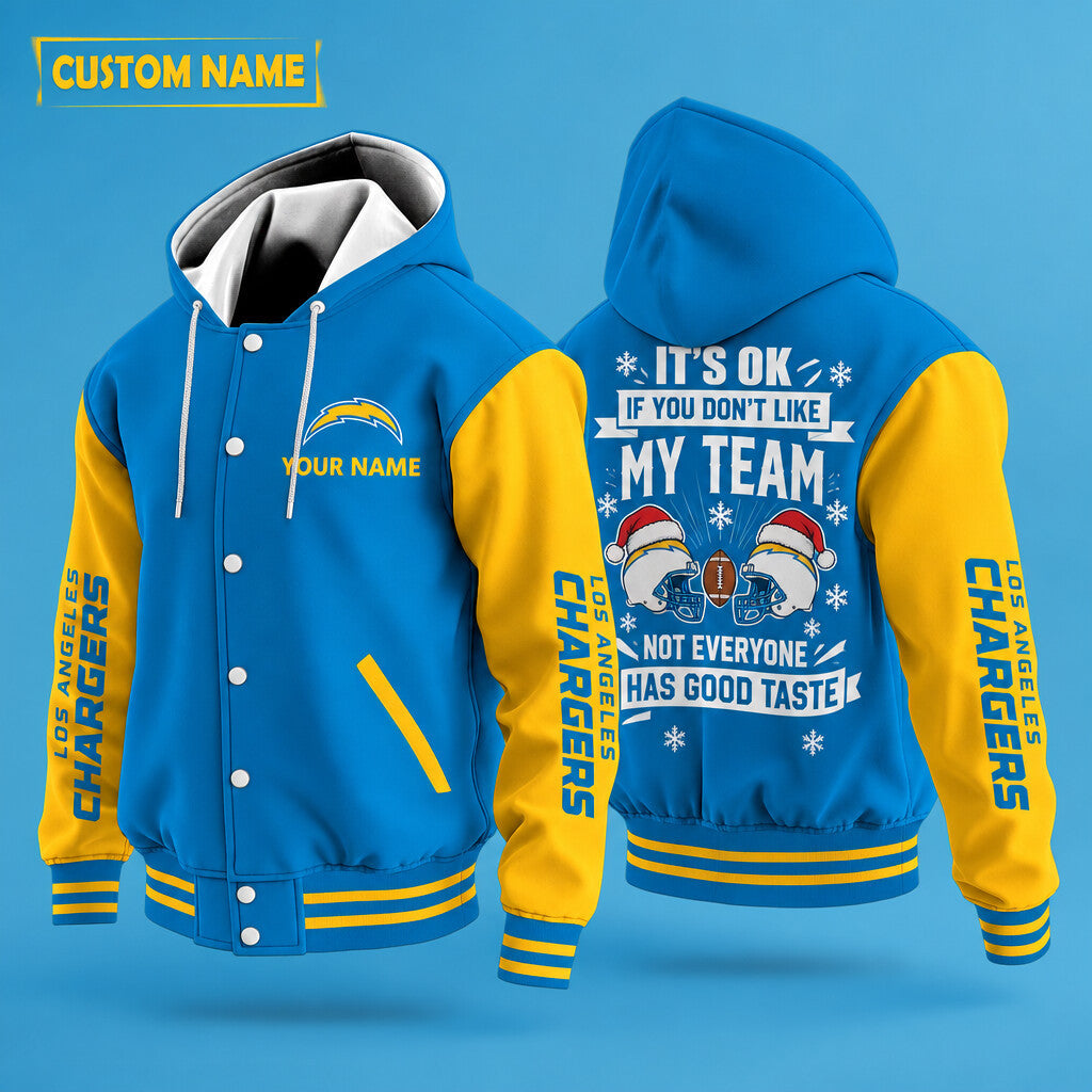 Los Angeles Chargers It's Ok If You Don't Like My Team Christmas Hooded Letterman Jacket Custom Name Pg4zcu