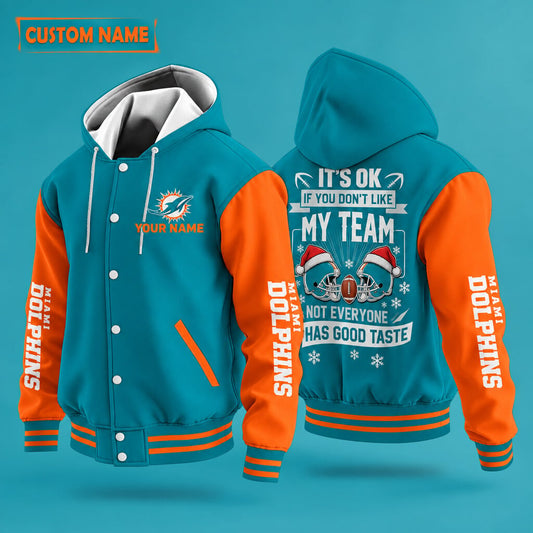 Miami Dolphins It's Ok If You Don't Like My Team Christmas Hooded Letterman Jacket Custom Name Pvjy98