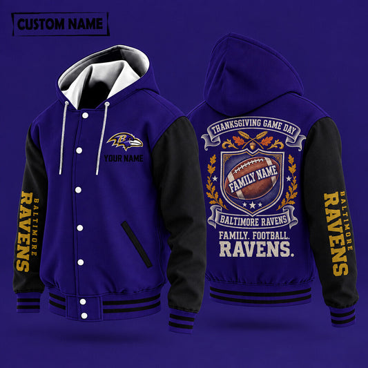 Baltimore Ravens Thanksgiving Game Day Family Hooded Letterman Jacket