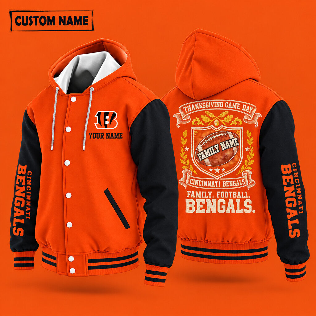 Cincinnati Bengals Thanksgiving Game Day Family Hooded Letterman Jacke