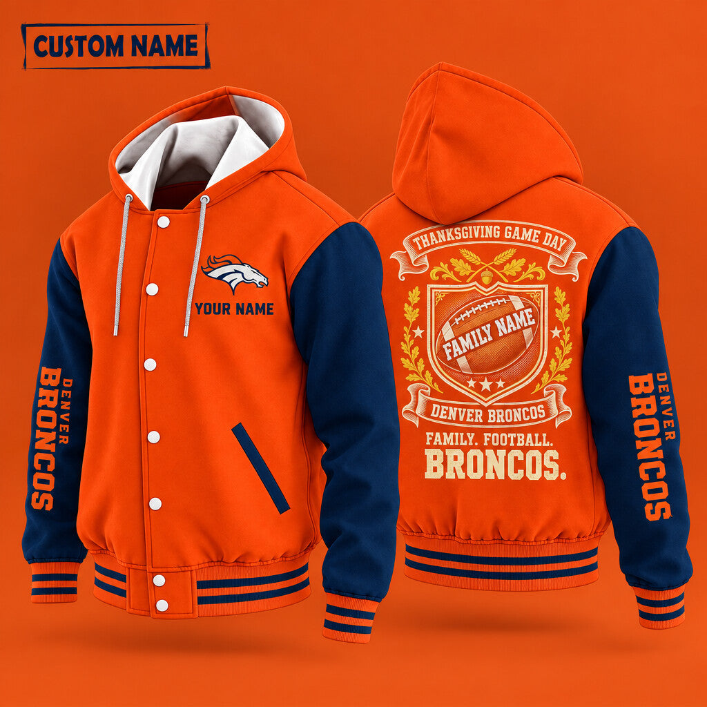 Denver Broncos Thanksgiving Game Day Family Hooded Letterman Jacket Cu
