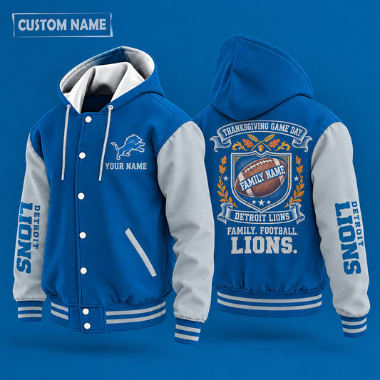 Detroit Lions Thanksgiving Game Day Family Hooded Letterman Jacket Cus