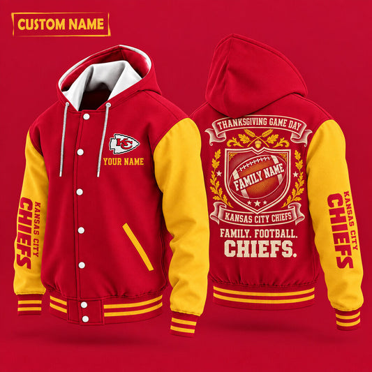 Kansas City Chiefs Thanksgiving Game Day Family Hooded Letterman Jacket Custom Name Pwnfwa