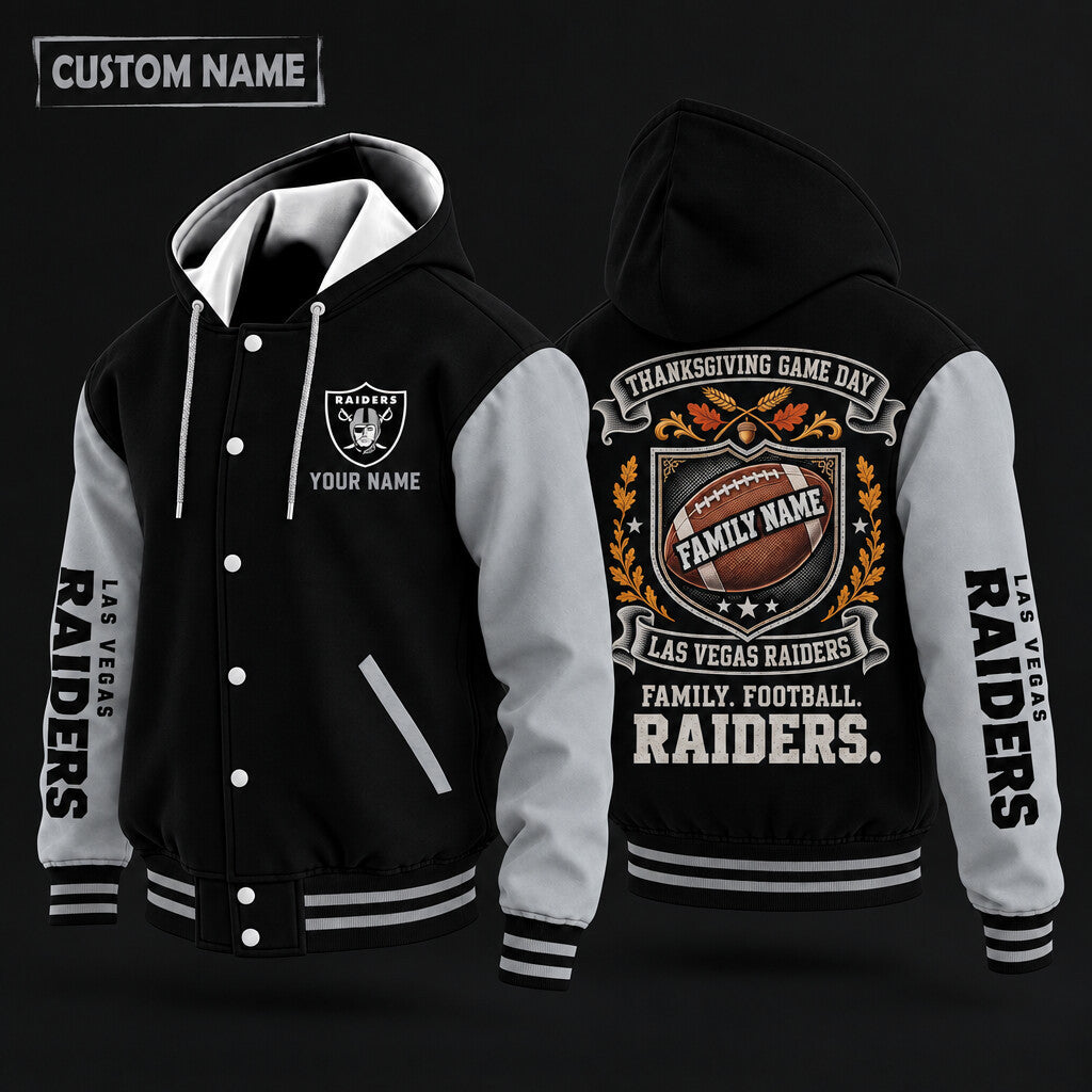 Las Vegas Raiders Thanksgiving Game Day Family Hooded Letterman Jacket Custom Name Pv4kjp