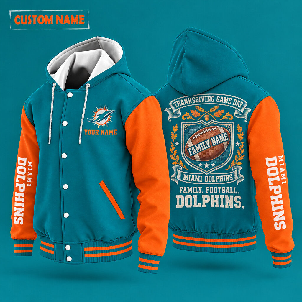 Miami Dolphins Thanksgiving Game Day Family Hooded Letterman Jacket Custom Name P23pik