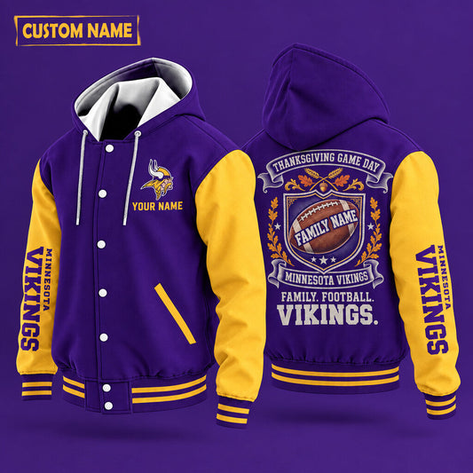 Minnesota Vikings Thanksgiving Game Day Family Hooded Letterman Jacket Custom Name Pzkmb9