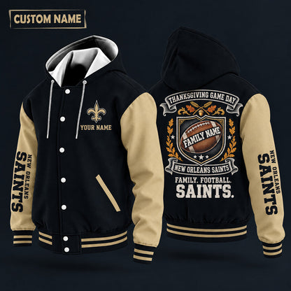 New Orleans Saints Thanksgiving Game Day Family Hooded Letterman Jacket Custom Name Phtgor