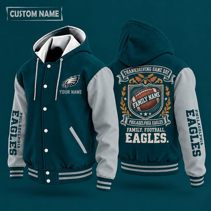 Philadelphia Eagles Thanksgiving Game Day Family Hooded Letterman Jacket Custom Name Prb4na