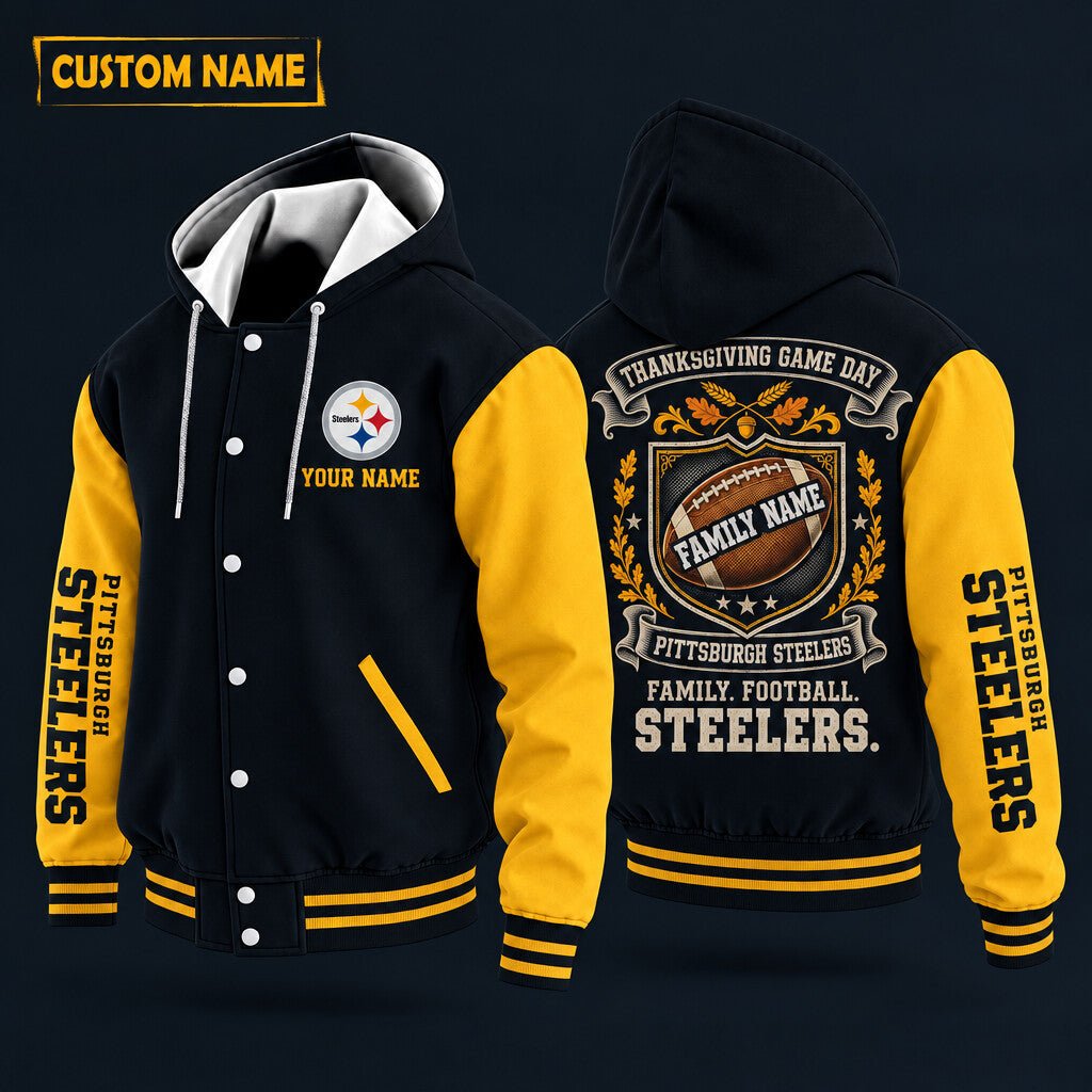 Pittsburgh Steelers Thanksgiving Game Day Family Hooded Letterman Jacket Custom Name Pd9gkm
