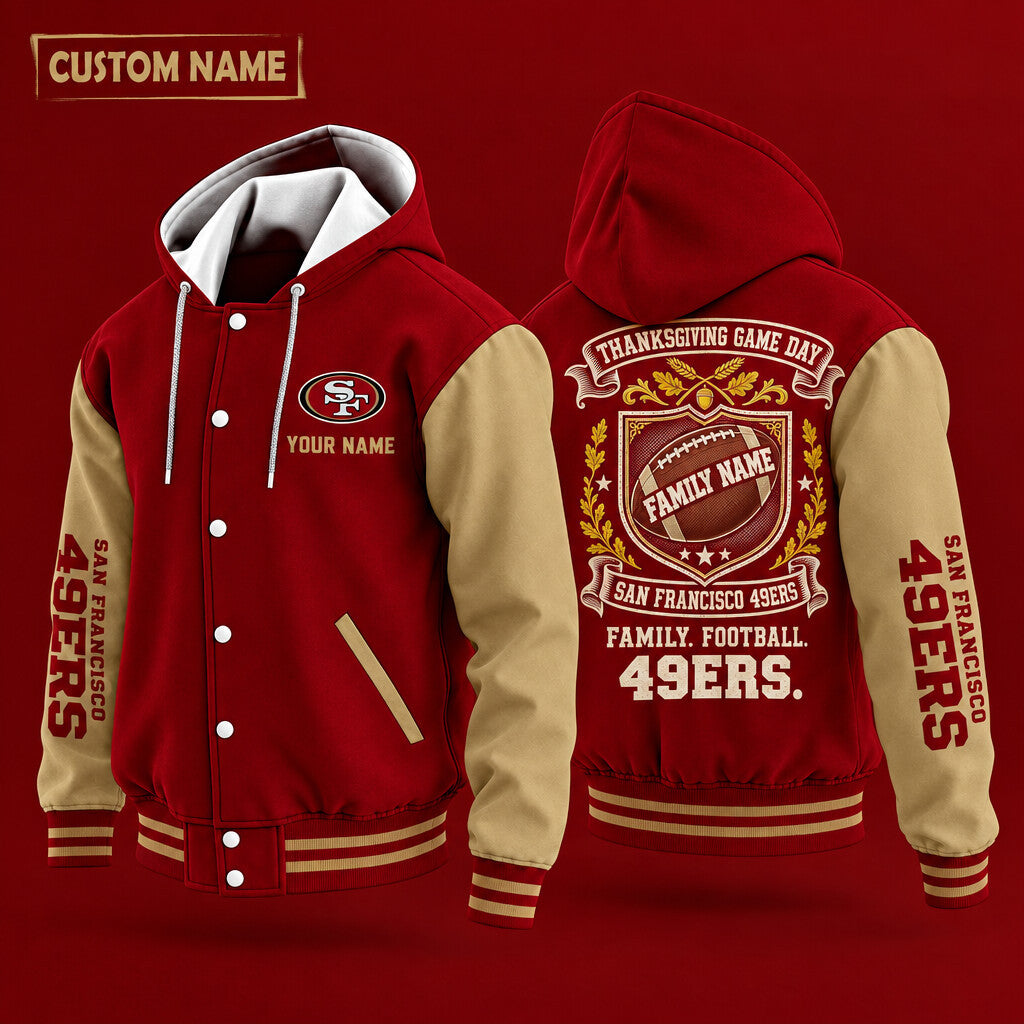 San Francisco 49ers Thanksgiving Game Day Family Hooded Letterman Jacket Custom Name Pgd979