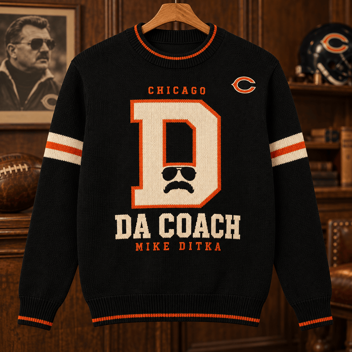 Chicago Bears Mike Ditka Letter D Black Knit Sweater Da Coach Game Day Apparel