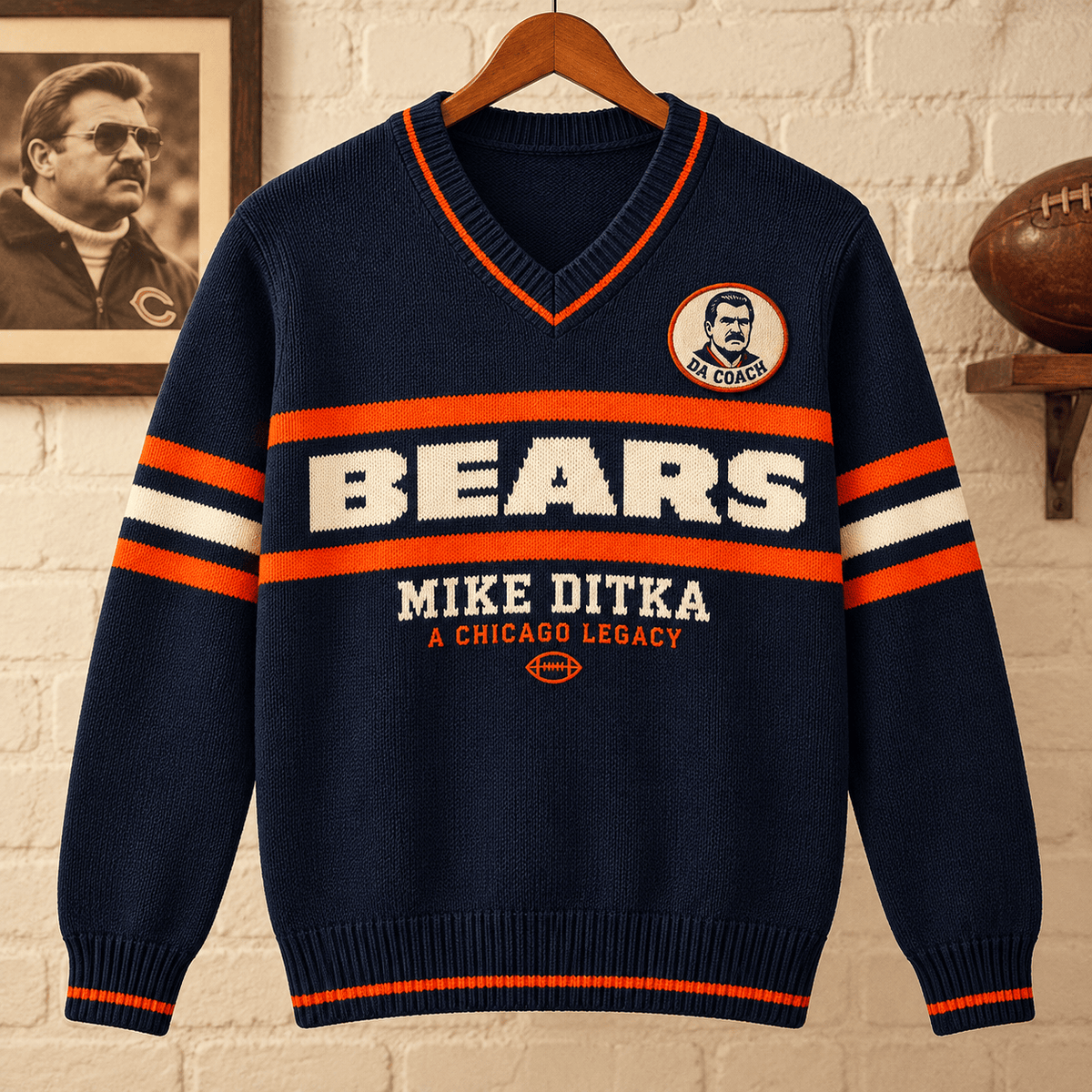 Chicago Bears Mike Ditka V Neck Knit Sweater Da Coach Football Legacy Gift