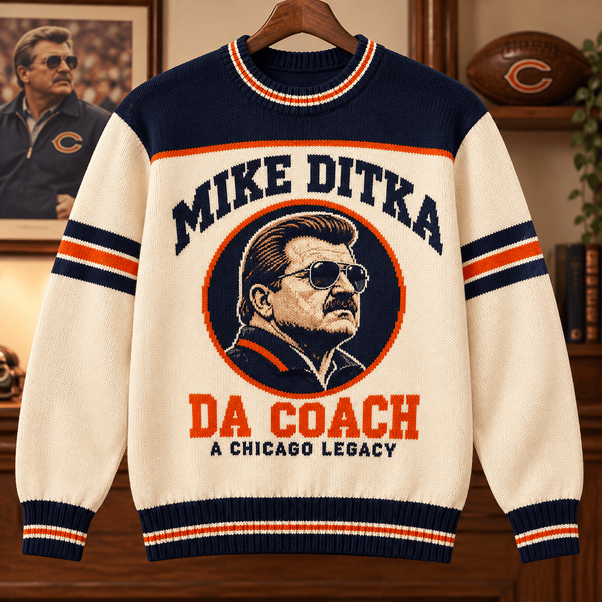 Mike Ditka Da Coach Crewneck Knit Sweater Chicago Bears Football Legacy Gift