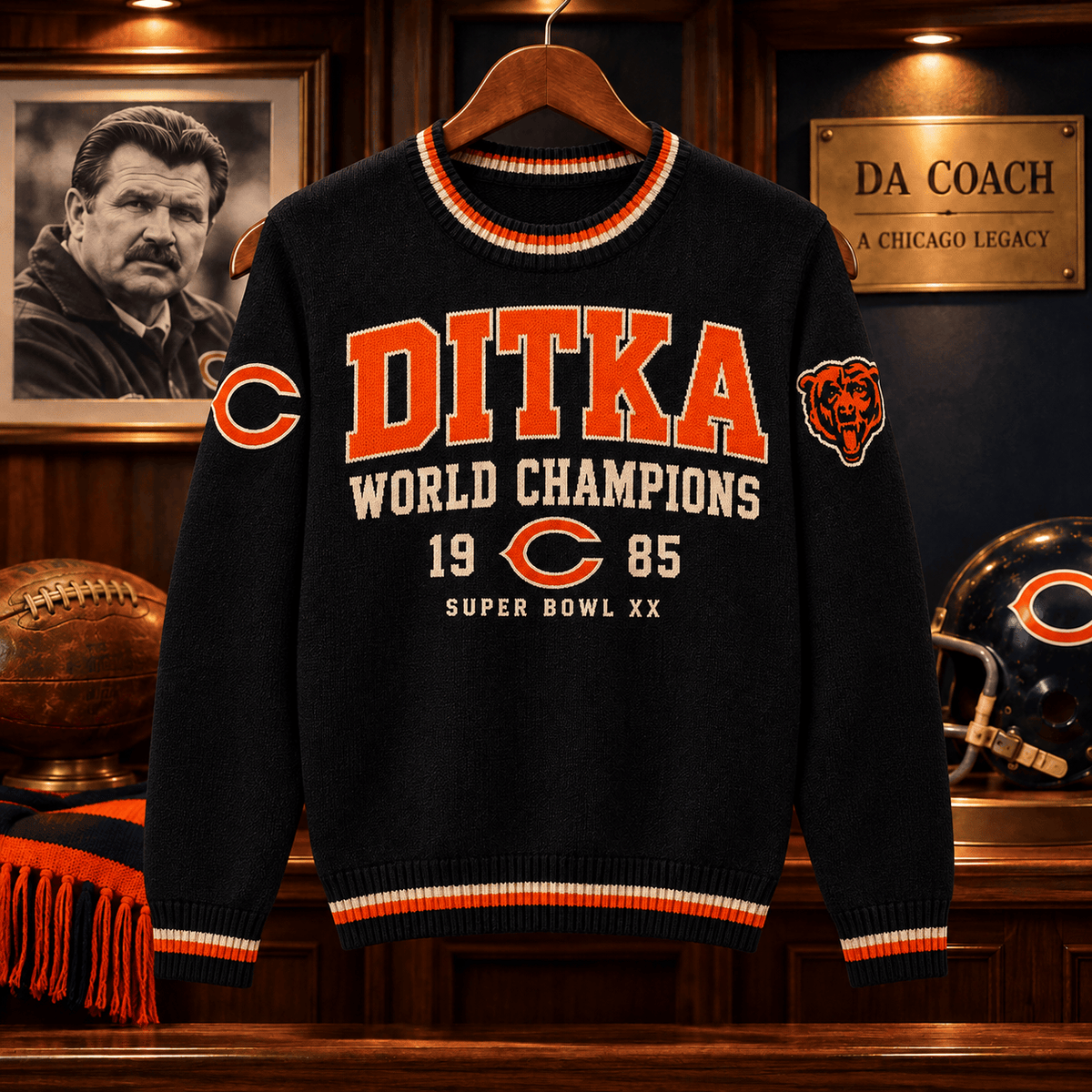 Mike Ditka World Champions Vintage Knit Sweater Chicago Bears Super Bowl Xx