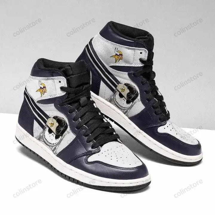 Air JD Hightop Shoes Minnesota Vikings Black White Jack Skellington Air Jordan 1 High Sneakers