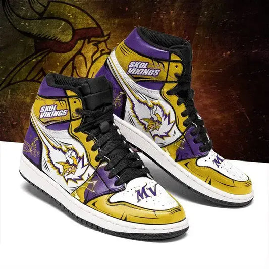 Air JD Hightop Shoes Minnesota Vikings Yellow Purple Logo Pattern Air Jordan 1 High Sneakers