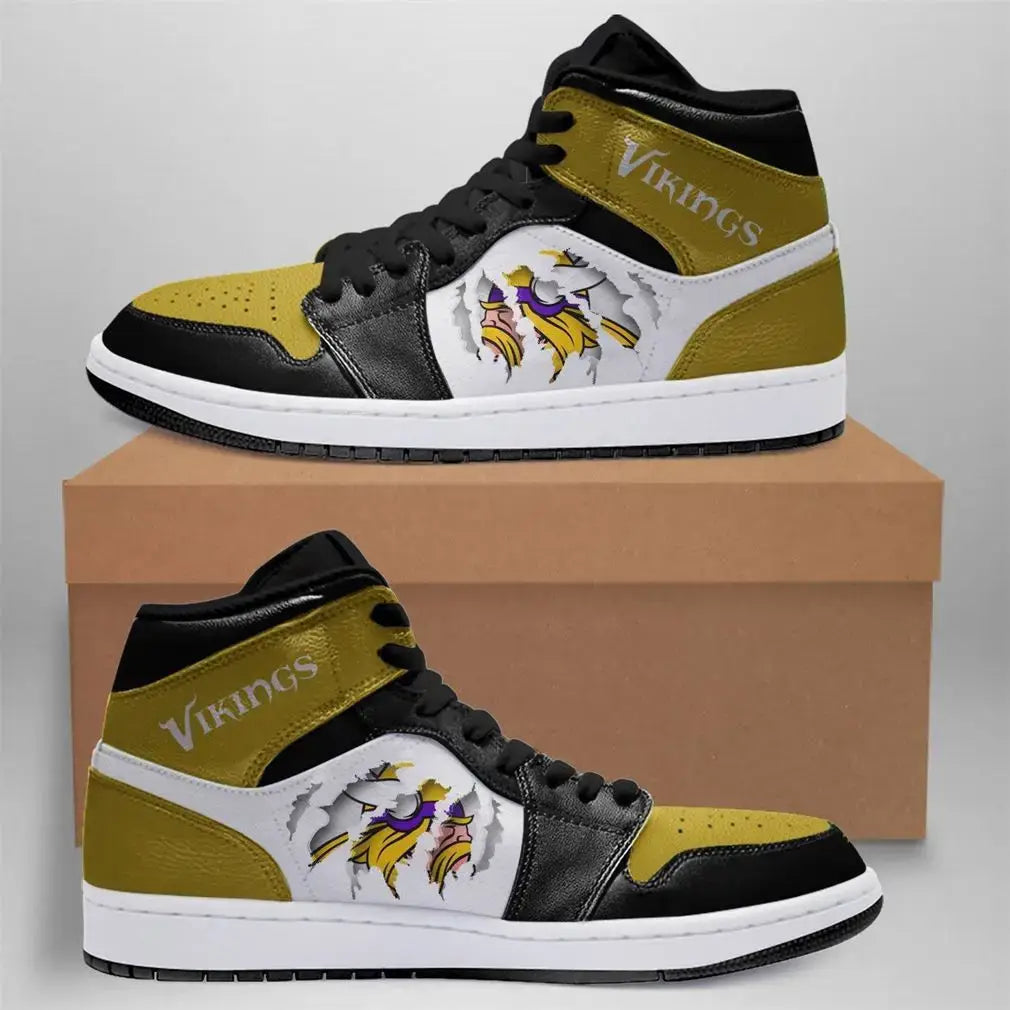 Air JD Hightop Shoes Minnesota Vikings Yellow Black White Scratch Logo Air Jordan 1 High Sneakers