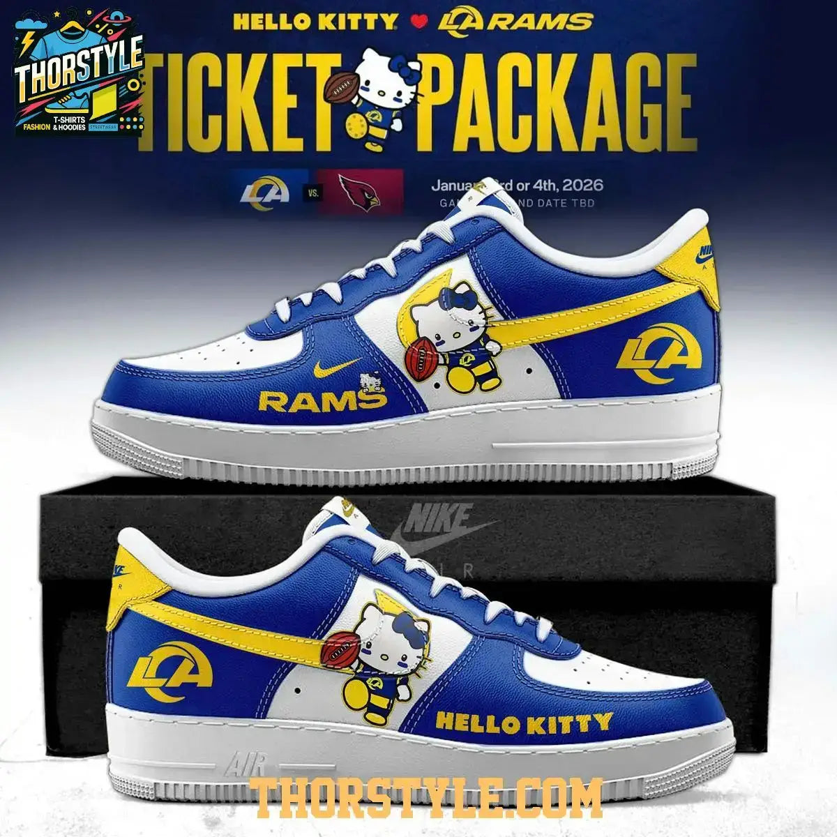 Los Angeles Rams Hello Kitty 2026 Gameday Personalized Air Force 1 Shoes