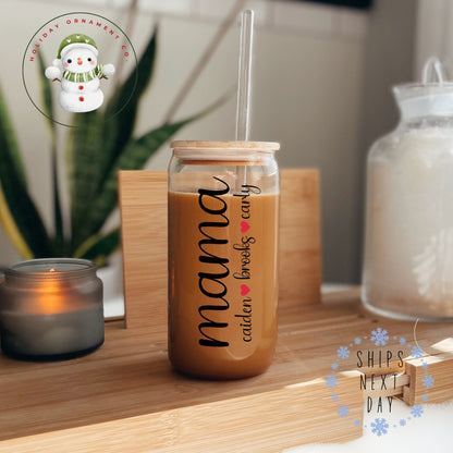 Personalized Mama Kids Names Glass Tumbler: Custom Iced Coffee Cup
