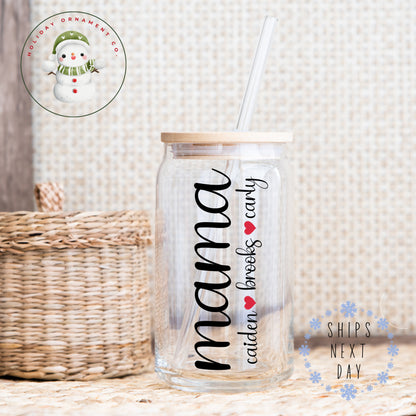 Personalized Mama Kids Names Glass Tumbler: Custom Iced Coffee Cup