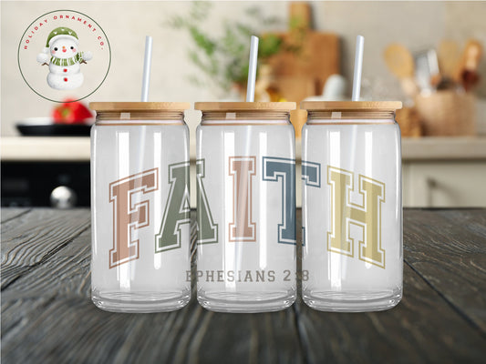 Faith Christian Glass Tumbler: Religious Iced Coffee Cup (16 Oz Or 20 Oz)