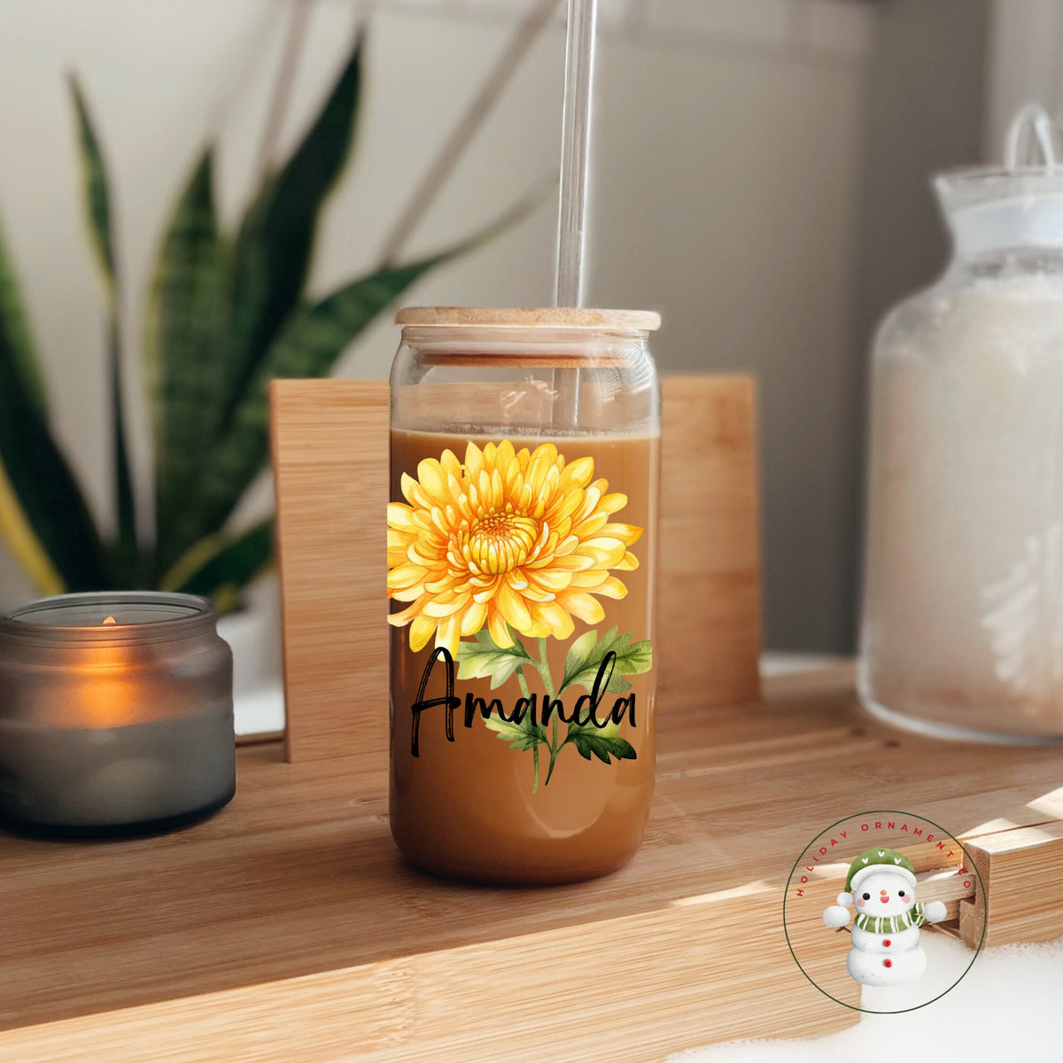 Personalized Birth Flower Glass Tumbler: Custom Watercolor Iced Coffee Cup