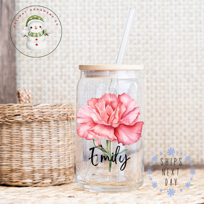 Personalized Birth Flower Glass Tumbler: Custom Watercolor Iced Coffee Cup