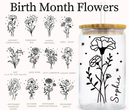 Personalized Birth Flower Glass Tumbler: Custom Iced Coffee Cup